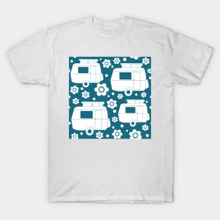 Daisy Polka Dot Vintage Caravan Pattern in Teal and White T-Shirt